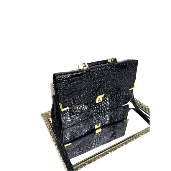 Vintage Mido Korea Black Patent Leather Embossed Croc Texture Top Handle Shoulde - Picture 1 of 10